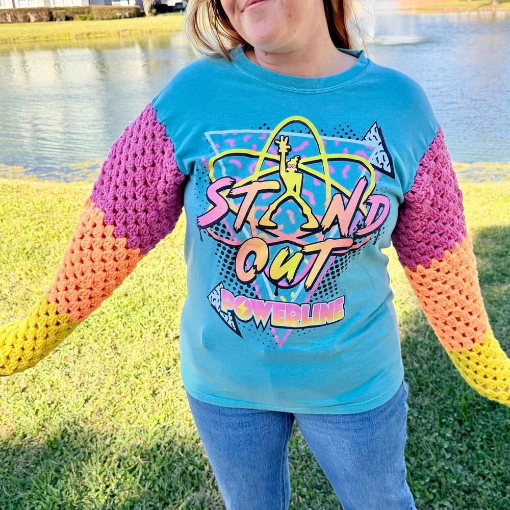 Crochet Upcycled Powerline Goofy Movie T Shirt Crochet Sleeves Unisex M‎ - Picture 8 of 11